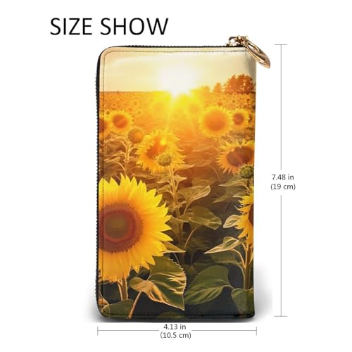 Womens Wallet Leather Slim Wallet Long Card Holder Case Zip Clutch Sunshine Sunflower Field Travel Purse2