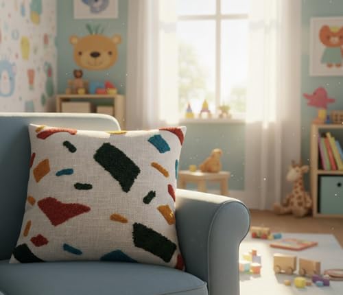 Image of Decorative Cushion Cover, Abstract Terrazzo Pattern, Tufted Design, Cotton, 40.64x40.64 cm, Square, Multicolor, Ideal for Kids Bedroom