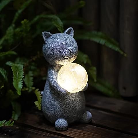 Yeemoo Katzen Deko Gartenfiguren für Draußen,Katze Gartendeko Figur mit Solar Ball Lustige Geschenke für Frauen Geburtstag Wasserdicht Tiere Gartendeko für Mama Oma Hochzeitsgeschenk Balkon Deko Grau Cover