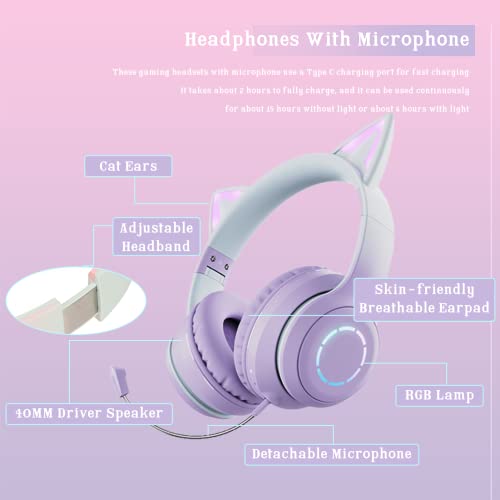 Gugxiom Cat Ear Headphones, Wireless Gaming Headsets via Bluetooth 5.1/3.5mm AUX Cable - Image 4