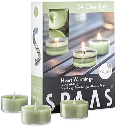 SPAAS Scented Tea Lights Candles in Clear Cups - Pear & Wild Fig Fragrance | Premium Long Burning Scented Tealight Candles for Spa, Romantic Décor, Meditation, Dinner, and Home Décor | Pack of 24