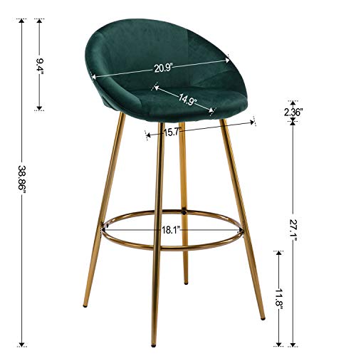 Modern Velvet Bar Stools Set Of 2, Accent Upholstered Chairs, Low Round Back Stool With Footrest，Pub Height Home Bar Dining Chairs (Dark Green) #TOP2