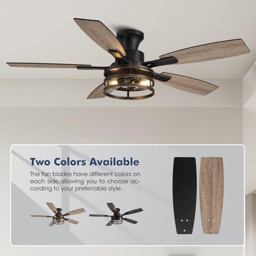 Image of 52 Inch Flush Mount Ceiling Fans with Lights and Remote Control, Low Profile Farmhouse Ceiling Fan for Bedroom Living Room and Patio, Black Caged Ceiling Fan for Indoor and Outdoor(No Bulb)