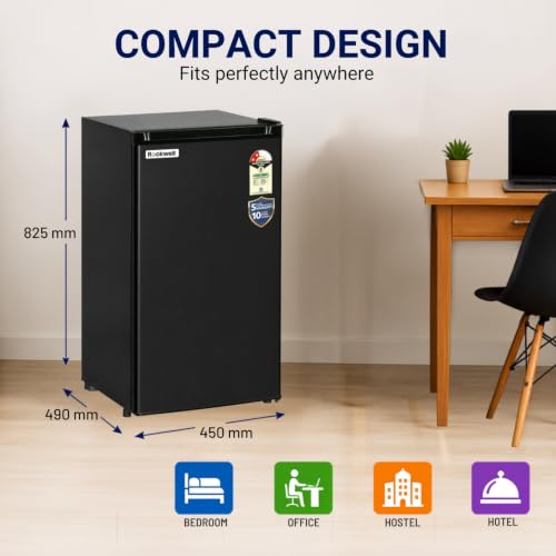 Image of ROCKWELL Mini Fridge with Freezer, 2 Star Rated | 5 Year Warranty, Direct Cool Technology, Compact Build, Ideal for Bedrooms & Small Spaces