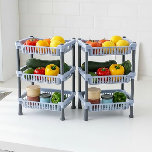 Image of Oblivion Kitchen Organiser Rack 2 Pc - 3 Layer Multiuse Kitchen Storage Basket Rack - Space-Saving Vertical Organizer for Vegetables, Fruits, Utensils & Pantry Essentials, Durable Metal Storage Stand