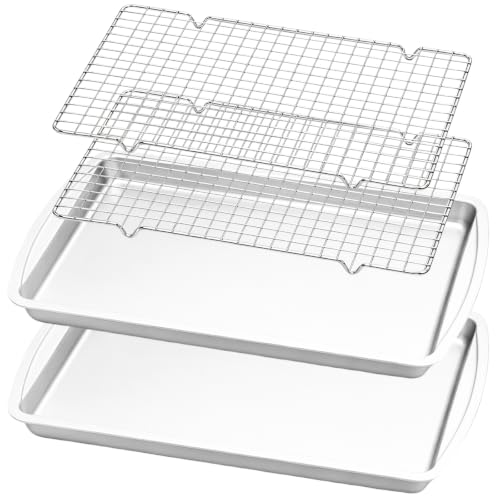 Greenloom 4Pcs Baking Sheet Set, 16 x 11 Inch Cookie Sheet for Baking, 2Pcs Carbon Steel Baking Pans with Cooling Racks, Raised Rim Pan and Wire Rack for Cookies, Bacon, Bread and Pastries