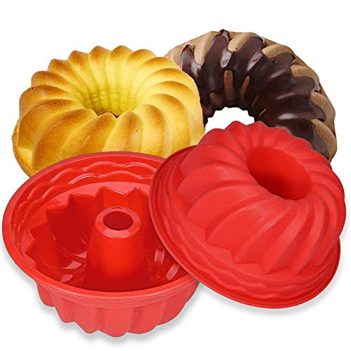 Aokinle Silicone Baking Molds 2-Pack, European Grade Fluted Round Cake Pan, Non-Stick Cake Pan for Jello,Buntcake,Gelatin,Bread, 9.45 Inches Tube Bakeware Red