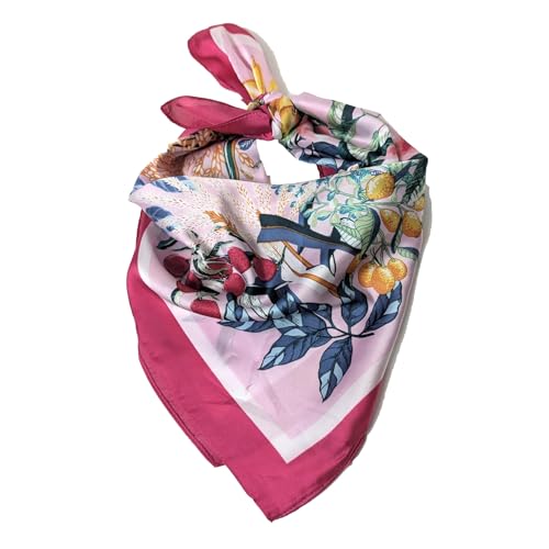 Tropical Floral Silk Neck Scarf | Pink Fruit Print, Versatile Fashion Accessory for Women - Lightweight & Soft