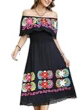 Mexican Dress Women Embroidered Traditional Off Shoulder Fiesta Cinco Mayo Outfit Hispanic Heritage Mexico Style Celebration Floral Mujer para De Dia Los Muertos Vestidos Floral Black