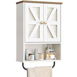 CHOEZON Bathroom Wall Cabinet, Medicine Cabinet with Open Partition and Towel Bar, Rustic Storage Cabinet with Open and Hidden Storage Space, for Bathroom, Living Room, Kitchen, White and Walnut