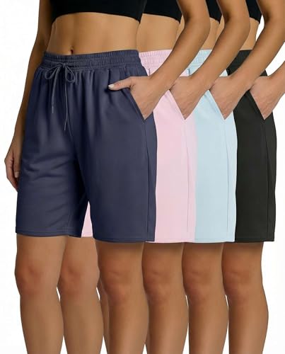Image of 4 Pack: Women's Dry-Fit Athletic 7 inch Bermuda Long High Waisted Running Shorts Available in Plus Size Set