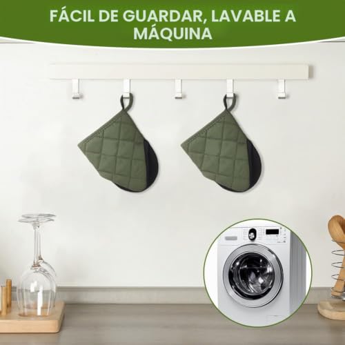 Miniatura 4 de Auauy Manopla 1 Par Verde Guantes Horno Cortas Resistentes Al Calor, Antideslizante Y Mini Manoplas Cocina Lindas Para Cocinar, Hornear Y Bbq