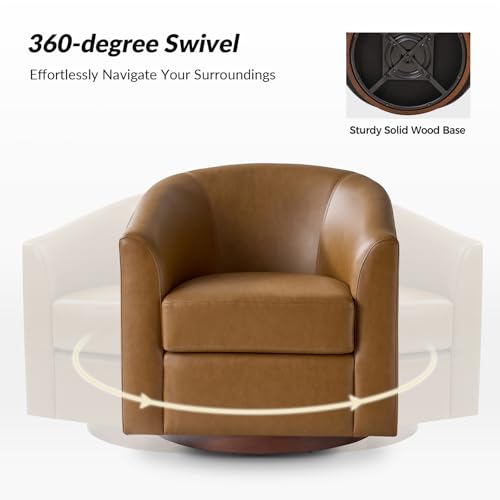 Image of HULALA HOME Faux Leather Swivel Accent Chairs Set of 2 with Solid Wood Base, Round Swivel Barrel Chairs for Living Room and Bedroom, No Assembly Required, Camel