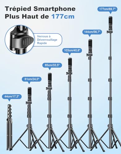 Trépied smartphone ultra extensible 177cm léger et compact avec rotule réglable intégrée - 4