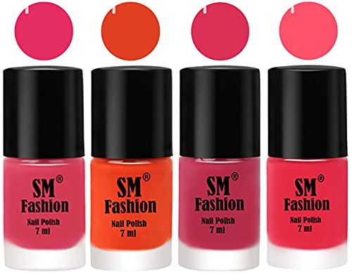 Image of Nail Polish Combo Set (Pack of 4) Quick Dry Gel Finish Nail Paint | Dark Rose Pink,Reddish Orange ,Dusty Pink,Dark Pink | 7 ml Each