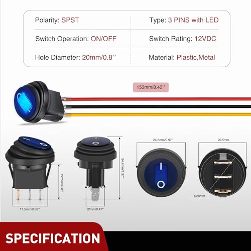 Image of Nilight 12V 20A Round Rocker Switch Waterproof IP65 LED Lighted 4 Colors | 3-pin SPST switch with protective rubber cover, silver-plated terminals, and multi-color LED indicators
