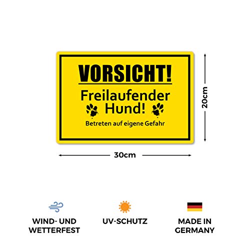 2 Stück Vorsicht! freilaufender Hund Schild 20 x 30 cm aus stabiler PVC Hartschaumplatte 3mm Achtung vor dem Hund Schild mit UV-Schutz von STROBO
