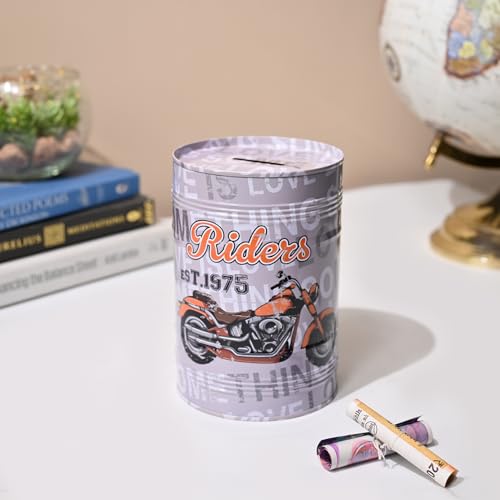 Image of Market99 Round Money Bank | Grey Tin Coin Bank with Glossy Finish & Inspiring Quote Pattern | Cute & Durable Piggy Bank for Kids, Adults, Office Desk & Home Decor | Ideal Gift Option