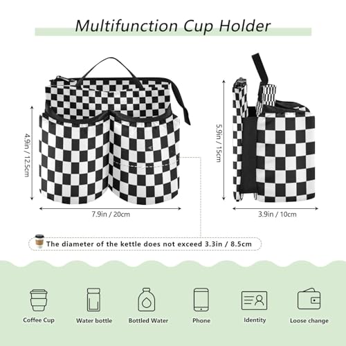 Image of Luggage Cup Holder for Suitcases Free Hands Suitcase Cup Holder Travel Luggage Drink Holder Portable Luggage Cup Caddy Bag Carrier with Handle Checkered Black and White