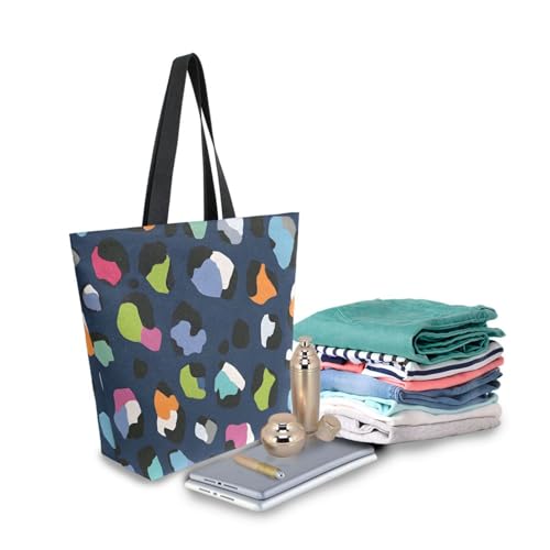 Extra Large Shoulder Tote Bag for Beach Travel Weekender Gym Blue Background Colorful Leopard Print Reusable Grocery Canvas Shopping Bag3