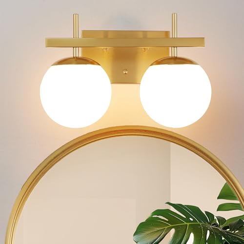 Image of Gold Vanity Light 2-Light Mid Century Modern Bathroom Vanity Light Fixture Globe with Milk White Glass Shade Wall Light Over Mirror (E12 Base)