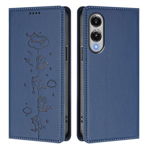 Étui Galaxy S24 Ultra cuir bleu marine avec rangement cartes et clapet aimanté chat