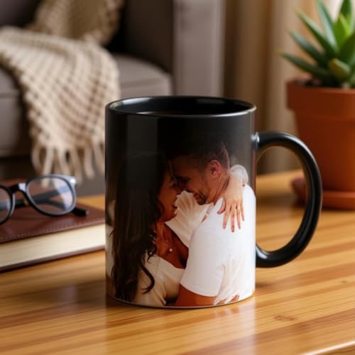 Image of Magic Mug with Photo Customized /Personalized Cup with Image, Text, Logo, Quotes Gifts for Birthday, Anniversary, Valentine's Day Black Colour Changing Mug 325 ML
