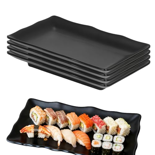 Penbinmall Rectangular Plate, Set of 4 Serving Plates, Porcelain, Appetizer Plates, Snack, Antipasti, Mezze Plates, Serving Plates, Black Small Dinner Plates for Dessert, Cake, Sushi, Salad, Antipasti