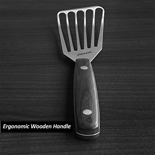 Large Stainless Steel Fish Spatula Turner With Curved Blade, Premium Pakkawood Full Tang Handle, Vovoly Metal Slotted Spatulas For Kitchen, 4 Inch X 8 Inch #TOP5