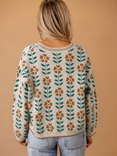 Saodimallsu Womens Floral Print V Neck Cardigan Open Front Button Down Knit Sweater Long Sleeve Loose Fashion Tops3