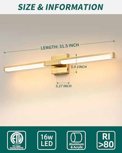 Image of OKELI 32 Inch Bathroom Vanity Light Fixtures, Gold Modern Light Fixtures Over Mirror, 16W 5CCT Dimmable Wall Light- 2Pack