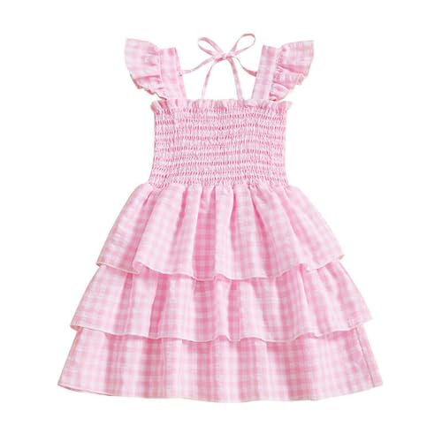 Girls Ruffle Layered Plaid Dress Summer Short Sleeve Smocked Flowy Beach Dresses Square Neck Swing Sundress