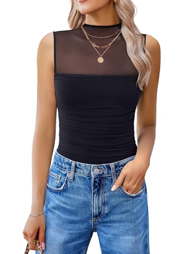 Avidlove Body Suits for Womens Mesh Bodysuit Ruched Tank Mock Neck