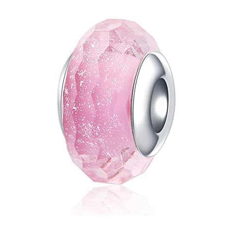 Hoobeads Starry Night Murano Glass Charms 925 Sterling Silver Core Silver Foil Glass Bead for European Bracelet (Faceted Pink) Cover