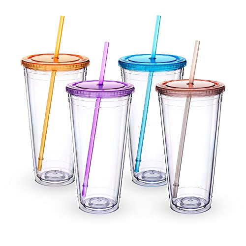Luxfuel 32 oz Acrylic Tumblers with Lid & Straws, Double-Walled Insulated Clear Plastic Drink Cup, BPA-Free, Reusable Iced Coffee Cups for Parties, Birthdays, Graduation, Fits Car Cup Holder