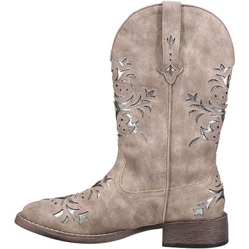Image of ROPER Womens Kennedy Glitter Tooled Inlay Square Toe Pull On Casual Boots Mid Calf Low Heel 1-2 inch
