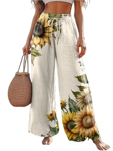 Women Summer Boho Floral Wide Leg Pants for Women Casual Loose Pants Summer Beach Flowers Print with Pockets