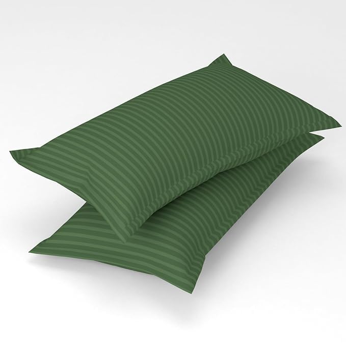 Image of DECOR2ADMIRE 300 TC Premium Glace Cotton All Round Elastic Fitted Plain Stripe Pastel Shades Queen Size Bedsheet with 2 Pillow Covers (Dark Green, Queen 90 inch x 100 inch)