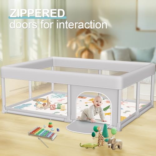 Image of Hiaksedt Baby Playpen with Mat 65 x 50 Inch, PlayPen for Babies and Toddlers, Sturdy Safety Play Yard for Indoor & Outdoor with Zipper Gates