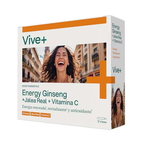 Vive+ Energy Ginseng con Jalea Real y Vitamina C 12 Viales de 120 ml – Antifatiga Natural para Energía, Vitalidad y Defensas – Suplemento para Cansancio Físico y Mental – Sin Azúcar