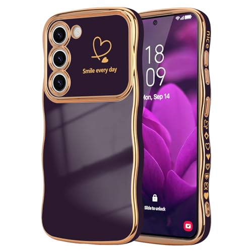 LCHULLE Compatibile con Samsung Galaxy S22 5G Cover cuore d'amore Custodia con forma ondulata e riccia ragazze Protezione della fotocamera Cover galvanizzata Custodia per Samsung S22 5G Viola scuro