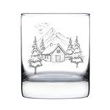 Mountain Cabin Scene Hand Engraved Rocks Glass, Etched 10oz Rustic Forest Design Glassware, Decor, Nature Lover