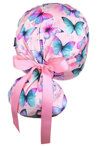 Image of Scrub Cap for Women and Men, Ponytail Scrub Caps, Working Hat, Head Cover with Ribbon Ties and Buttons, Long Hair
