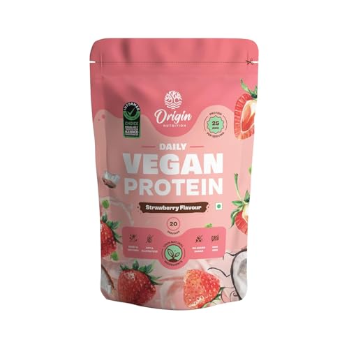 Ori;gin Nutrition 100% Natural Vegan Protein Powder (European Pea Protein Isolate & Pumpkin Seed Protein) Easy to Digest Strawberry Flavour with 25g Plant Based Protein,830g