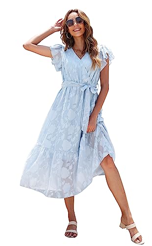 Image of VintageClothing Womens Sundress Casual Floral Summer Boho Dress | Flowy Wrap V Neck Ruffle A-Line Pleated Hem Midi Dresses