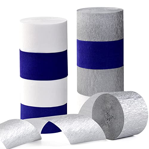 Image of Navy-Blue White- Silver Crepe Paper Streamers - 9 Rolls Royal Blue Graduation 2025 Men Boy Birthday Party Decorations Streamer Wedding Bridal Shower Paper Garland Fathers Day Decor Panduola