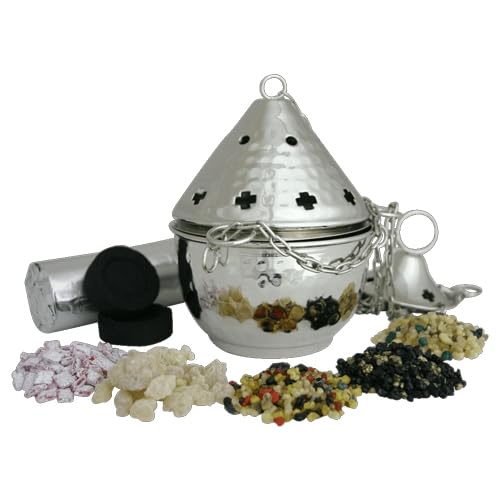 Räucherset mit Weihrauchfass H 14 cm – 7-teilig – Weihrauch Athos Rosen, Reiner Weihrauch & mehr, Räucherkohle 40 mm