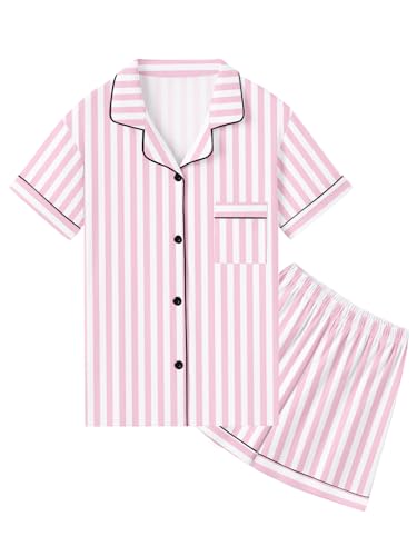 QZH.DUAO 100% Cotton Pajamas Set, Girls PJs Button Down Short Sleeve Sleepwear Nightwear Loungewear, Baby Pink Stripe, 5-6 Years