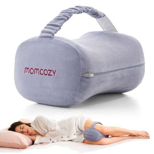 Image of Momcozy Knee Pillow for Side Sleepers, Soft Memory Foam & Pinch-Free Design, Relieve Knee, Leg and Sciatica Pain, Adjustable Elastic Strap Ideal for Pregnant Women and Seniors, Crystal Velvet in Gray