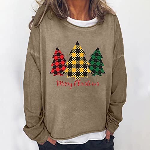 Moletom feminino Merry Christmas tamanho grande xadrez árvore gráfico gola redonda pulôver manga lon